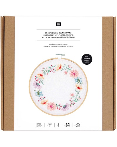 Embroidery Kit Counted Cross Stitch, Flower Wreath, including Embroidery Hoop Ø 20,5 cm SE2
