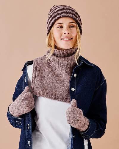 Striped hat with mittens and neck scarf